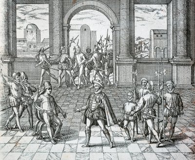 O Rei Inca Atahualpa é feito prisioneiro por espanhóis em Cajamarca, Illuistration from American History por Theodore de Bry de Theodore de Bry