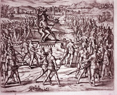 O rei Inca, Atahualpa (ou Atabaliba), segurando um ceptro em forma de sol, é levado em uma ninhada para encontrar Francisco Pizarro (Gravura de Theodore de Bry