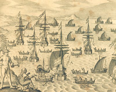 A Ilha dos Ladrões, gravura da história americana de Theodore de Bry, América do Norte do século XVII. de Theodore de Bry