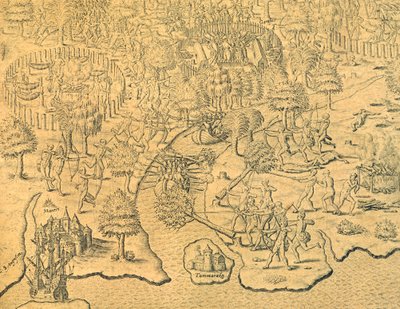 Os portugueses empurram para o interior e são atacados por uma tribo local de Theodore de Bry