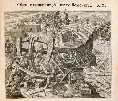 Os espanhóis construindo seu primeiro navio no Novo Mundo, gravado por Theodor de Bry (1528-1598) de Americae pars quarta, sive, Insignis et admiranda historia de reperta primum Occidentali India Christophoro Columbo, de Girolamo Benzoni de Theodore de Bry