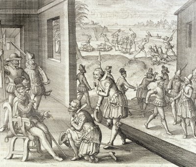 A captura espanhola Fort Caroline, 1565, de "O Novo Mundo e História Americana", de Johann Ludwig Gottfried, publicado por Mattaeus Merian, Frankfurt, 1631 de Theodore de Bry