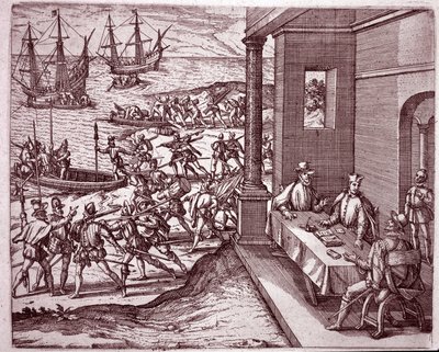 Os conquistadores espanhóis Francisco Pizarro, Diego de Almagro e Hernando de Luque uniram forças para conquistar o Peru (Gravura de Theodore de Bry