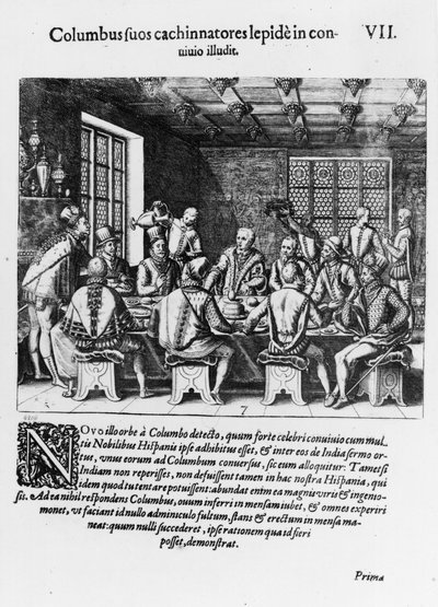 A história do ovo de Cristóvão Colombo (1450-1506) 1585-88 (gravura) (foto bw) de Theodore de Bry
