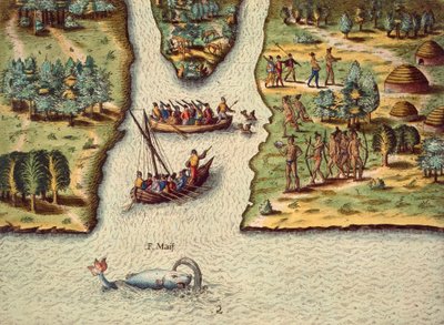 A chegada dos franceses, gravada por Theodore de Bry (1528-1598), de The Discourse of Florida. de Theodore de Bry
