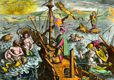 O barco do navegador italiano Amerigo Vespucci (1454 - 1512) de Theodore de Bry