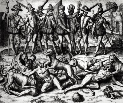 Os cães de Vasco Nunez de Balboa (1475-1571) atacando os índios de Theodore de Bry