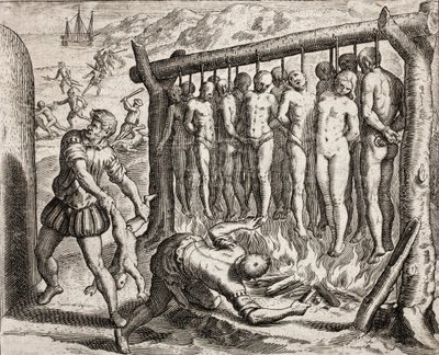 Treze vítimas enforcadas e queimadas, representação de crimes infligidos aos índios por colonos espanhóis da 