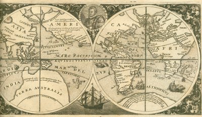 Página de rosto de Americae Pars VIII com um retrato de Francis Drake e seu navio, o Golden Hind, 1 de Theodore de Bry