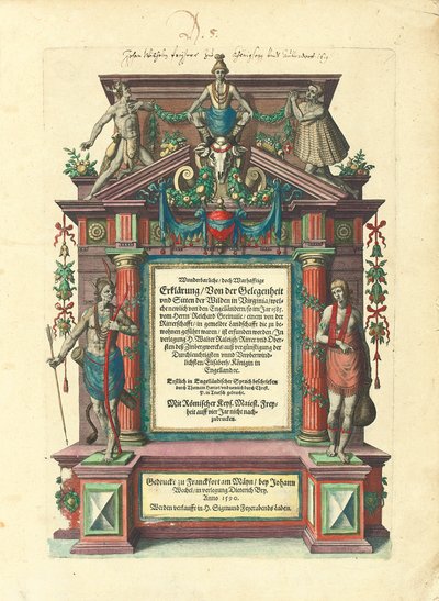 Página de rosto da primeira edição em alemão da primeira parte de "Grandes viagens: América", 1590 de Theodore de Bry