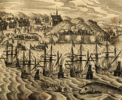 Vista do porto de Acapulco no México, gravura de Historia Americae, de Theodor de Bry (1528-1598), Frankfurt de Theodore de Bry
