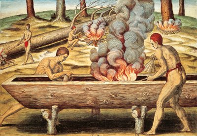 Nativos da Virgínia construindo uma piroga de Theodore de Bry