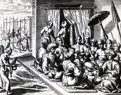 Cerimônia de casamento em Bantam, Ilha Java, por Theodor de Bry (1528-1598). gravura de Theodore de Bry