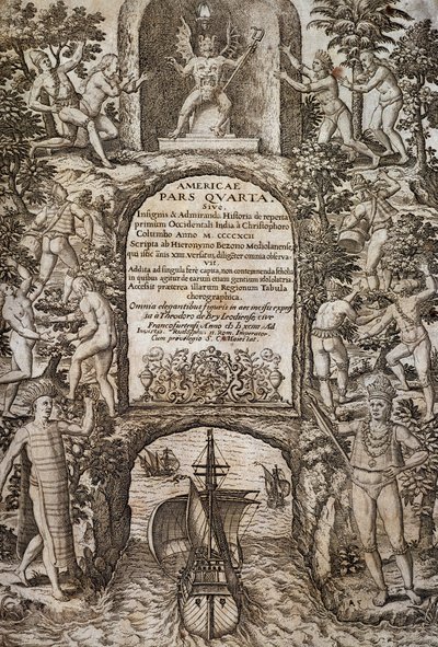 Índias Ocidentais ou América, por Theodor de Bry (1528-1598), frontispício, gravura de Theodore de Bry
