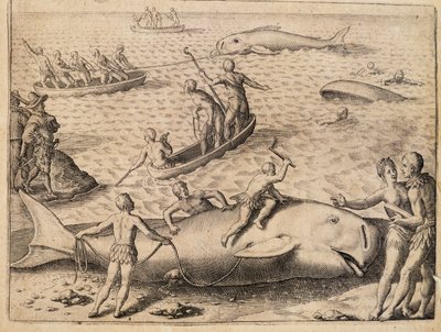 Baleeira perto de Spitsbergen, gravura de Theodor de Bry (1528-1598) da Índia Orientalis (Índia Oriental) de Theodore de Bry