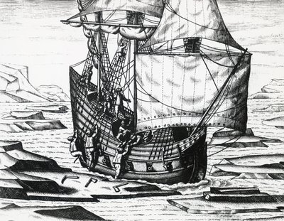 Navio de William Barents (ca. 1550-1597) durante terceira expedição holandesa em busca da Passagem do Nordeste, por Theodor de Bry (1528-1598), gravando de Theodore de Bry