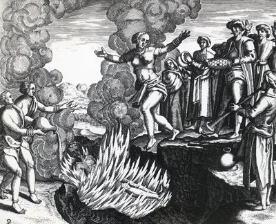 Mulher atirando-se na pira do marido, por Theodor de Bry (1528-1598), gravando de Theodore de Bry