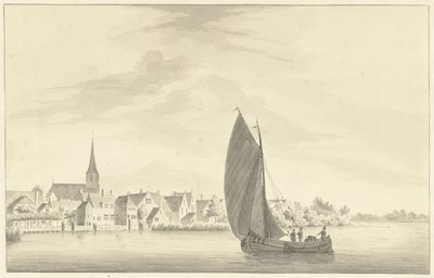 A vila de Gouderak com um veleiro em primeiro plano de Theodorus Cornelis Schutter