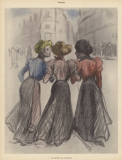 Três mulheres andando pela rua (cor litho) de Theophile Alexandre (after) Steinlen