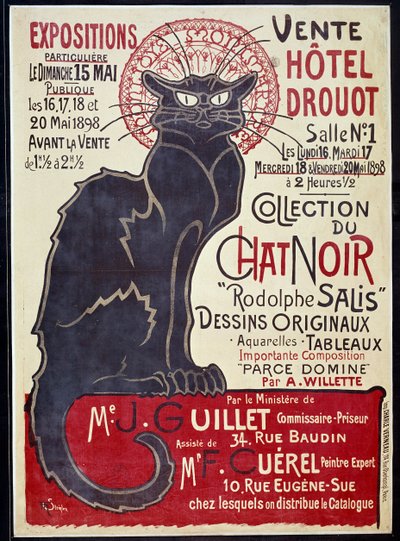 Cartaz publicitário anunciando a venda no Hotel Drouot em 1898 da colecção Cat Noir e obras de Rodolphe Salis, Ilustração de Theophile Alexandre Steinlen (1859-1923) de Théophile Alexandre Steinlen