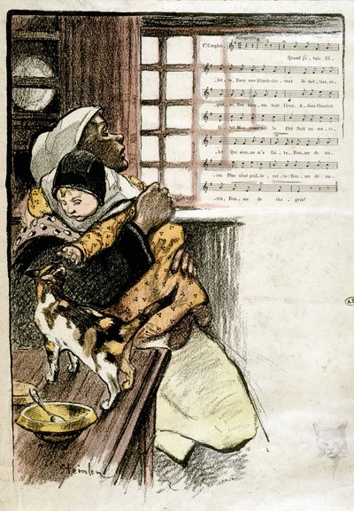 Criança nos braços de uma mulher a brincar com um gato, doente. Steinlen para partituras, s.d. 19e s. de Théophile Alexandre Steinlen