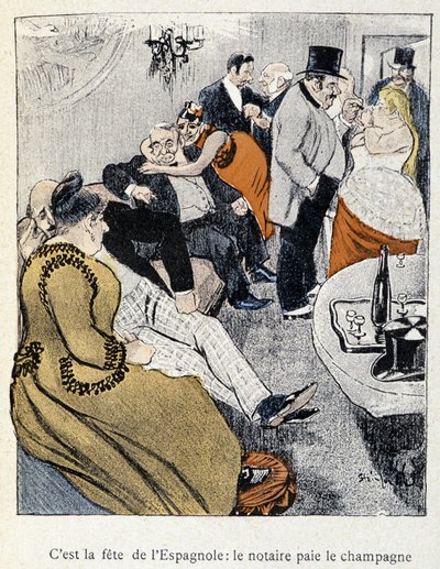 Filles et Marlous: É a festa dos espanhóis: o notário paga o champanhe - em "Dans la vie", de Steinlen 1901 (mesmo desenho do nº 27695) de Théophile Alexandre Steinlen