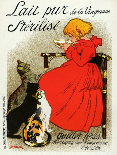 Alimentos e Bebidas. Leite Vingeanne. Rapariguinha com gatos. Cartaz de Steinlen, França, c.1890 (cartaz) de Théophile Alexandre Steinlen