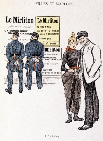 Rapariga e Marlou: um chulo e uma prostituta atrás de dois polícias. Em "In Life" por Steinlen de Théophile Alexandre Steinlen