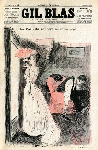 Ilustração por Steinlen do conto de Guy de Maupassant "The Parure". Madame Loisel se olha no espelho enquanto seu marido tira os sapatos. Ela descobre que perdeu o colar (rio de diamantes) que lhe foi emprestado pela sua amiga Madame Fores de Théophile Alexandre Steinlen