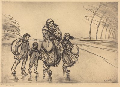 À chuva: mãe e filhos de Théophile Alexandre Steinlen