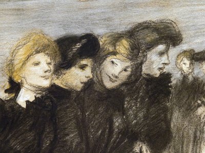 A saída das midinettes (detalhe) (antes de 1907). Teófilo Alexandre Steinlen (1859-1923). Carvão e pastel sobre papel. Musée des Beaux-Arts de la Ville de Paris, PeuPalais. de Théophile Alexandre Steinlen