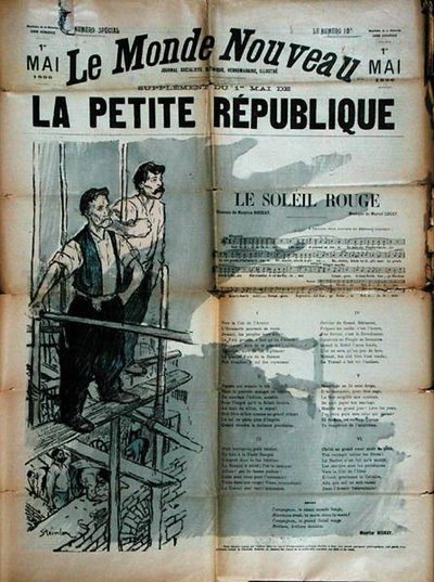 Dois trabalhadores da construção civil cantando "Le Soleil Rouge", capa de "La Petite Republique". de Théophile Alexandre Steinlen