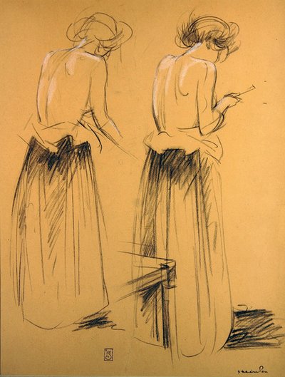 Dois estudos de mulheres vistas de trás (giz no papel) de Théophile Alexandre Steinlen
