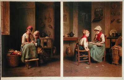 The Lesson and The Card Game, impresso em 1858 (cor litho) de Theophile Emmanuel (after) Duverger