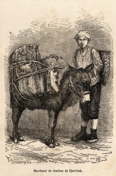 Um comerciante de carvão, com o seu burro, em Djewilisk (Anatólia do Norte), gravado após um desenho do narrador, ilustrando uma viagem no Lazistão e Arménia, de 1869, de Theophile Deyrolle, publicado em "Le tour du monde" 1875, editado por Edouard Charton de Theophile Louis Deyrolle