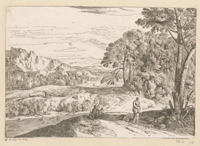 Paisagem da Arcádia com um pescador por um riacho Suite de Paysages (título da série) de Théodore
