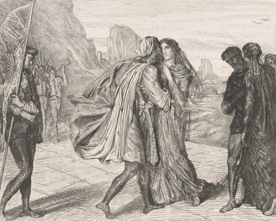 Ó meu belo guerreiro!: placa 5 do Ato 2 de Otelo, Cena 1, gravada em 1844, reimpressa em 1900. de Théodore Chassériau