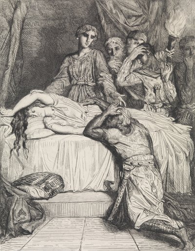 Oh! Oh! Oh!: placa 14 do Ato 5 de Otelo, Cena 2, gravada em 1844, r..., gravada em 1844, reimpressa em 1900. de Théodore Chassériau
