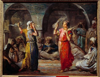 Orientalismo: "Dança do tecido": Dançarinos marroquinos" Pintura de Theodore Chasseriau (1819-1856) Sol do século XIX. 0,32x0,4 m de Théodore Chassériau