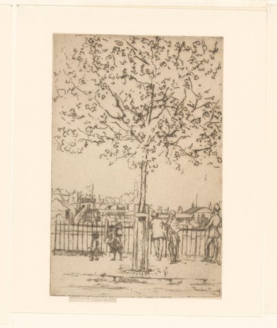 Seis figuras em uma cerca ao longo de um rio, em primeiro plano uma árvore Chelsea Embankment, junho, 17h, 1889 de Théodore Roussel (signed by artist)