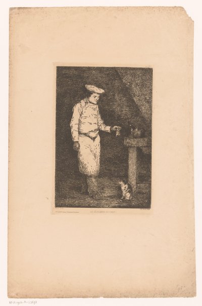 Interior escuro com um cozinheiro segurando um pedaço de carne para um gato Le déjeuner du chat (título no objeto) Eaux-Fortes Modernes: Originales et Inédites (título da série) de Théodule Augustin Ribot