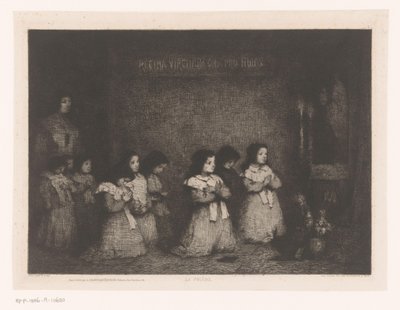 Grupo de meninas em oração em frente a uma estátua de Maria La Priere (título no objeto) Eaux-Fortes Modernes: Originales et Inédites (título da série) de Théodule Augustin Ribot