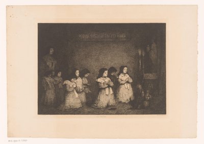 Grupo de meninas em oração em frente a uma estátua de Maria La Priere (título no objeto) Eaux-Fortes Modernes: Originales et Inédites (título da série) de Théodule Augustin Ribot