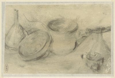 Esboço de uma natureza morta de panelas e de uma garrafa de Théodule Augustin Ribot