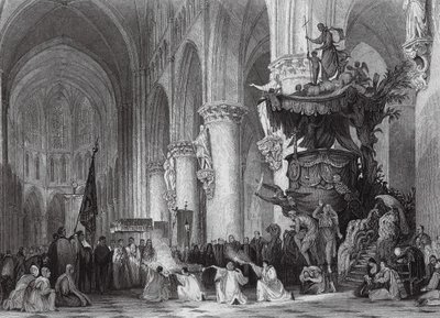 Catedral de São Gudule, com o célebre púlpito esculpido, Bruxelas (gravura) de Thomas (after) Allom