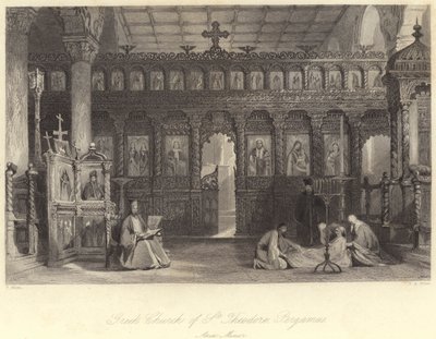Igreja Grega de São Teodoro, Pergamus, Ásia Menor (gravura) de Thomas (after) Allom