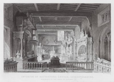 Interior da Igreja de Bottesford, Leicestershire, Monumentos aos Condes de Rutland (gravura) de Thomas (after) Allom