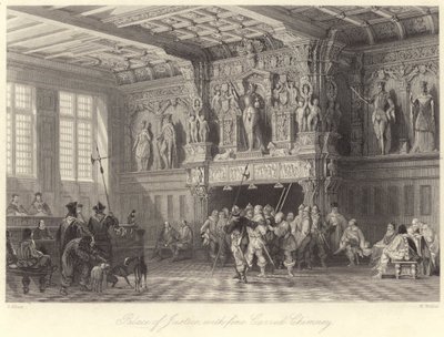 Palácio da Justiça, com chaminé esculpida fina, Bruges (gravura) de Thomas (after) Allom
