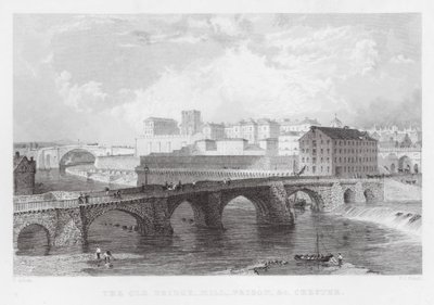 A Ponte Velha, Moinho, Prisão, etc, Chester (gravura) de Thomas (after) Allom