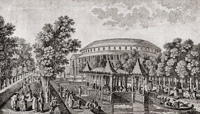 Ranelagh Gardens, Chelsea, Londres, Inglaterra. O exterior da Rotunda em Ranelagh Gardens, a "Casa Chinesa", e parte do terreno, após a gravura de Thomas Bowles de Thomas (after) Bowles